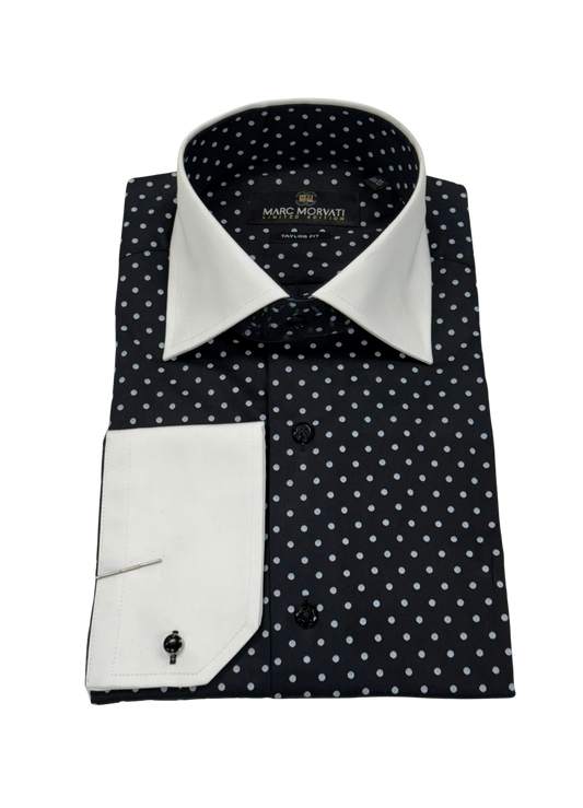 Black Polka Dot Contrast Collar Dress Shirt