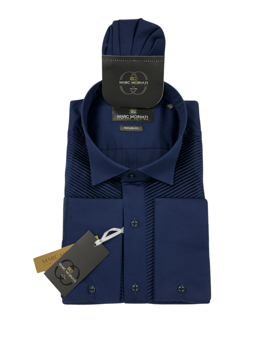 Navy Pleated Front Dress Shirt