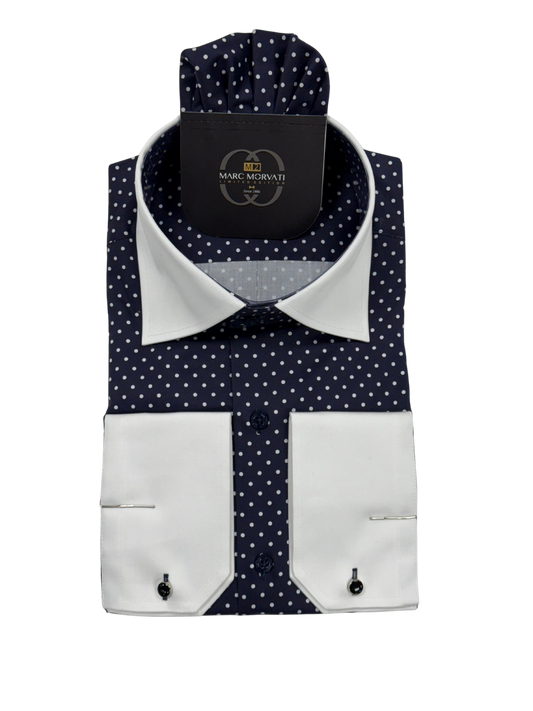 Navy Polka Dot Contrast Collar Dress Shirt