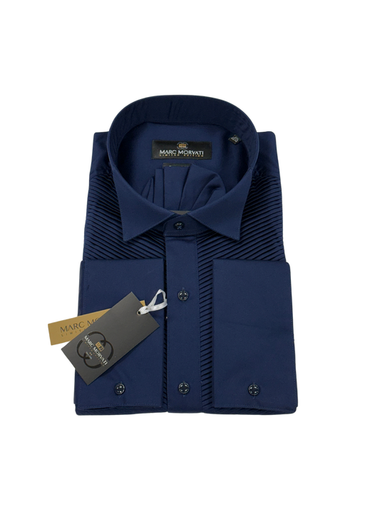 Navy Pleated Front Dress Shirt
