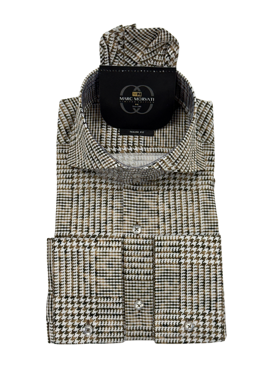 Brown and White Houndstooth Dress Shirt