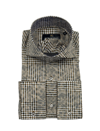 Brown and White Houndstooth Dress Shirt