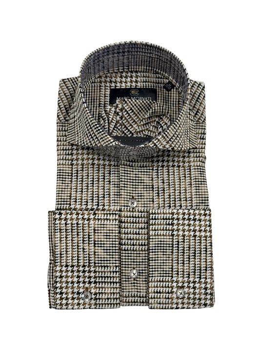 Brown and White Houndstooth Dress Shirt