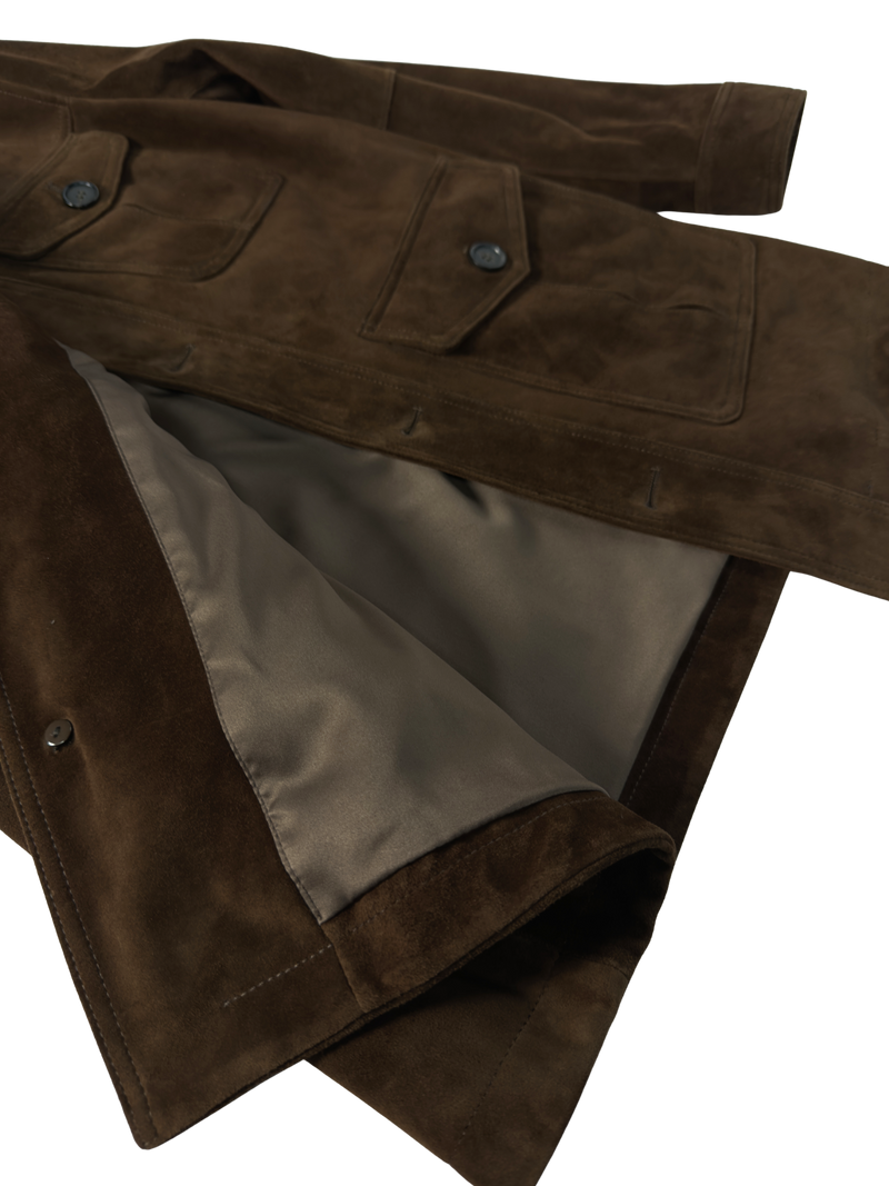 Interior lining, button and pocket detail of the Brown Suede Utility Jacket