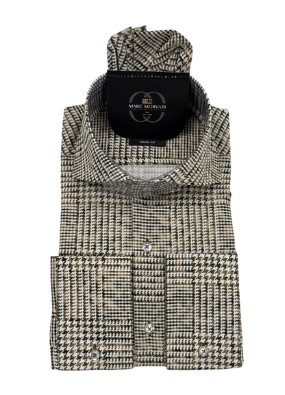 Brown and White Houndstooth Dress Shirt