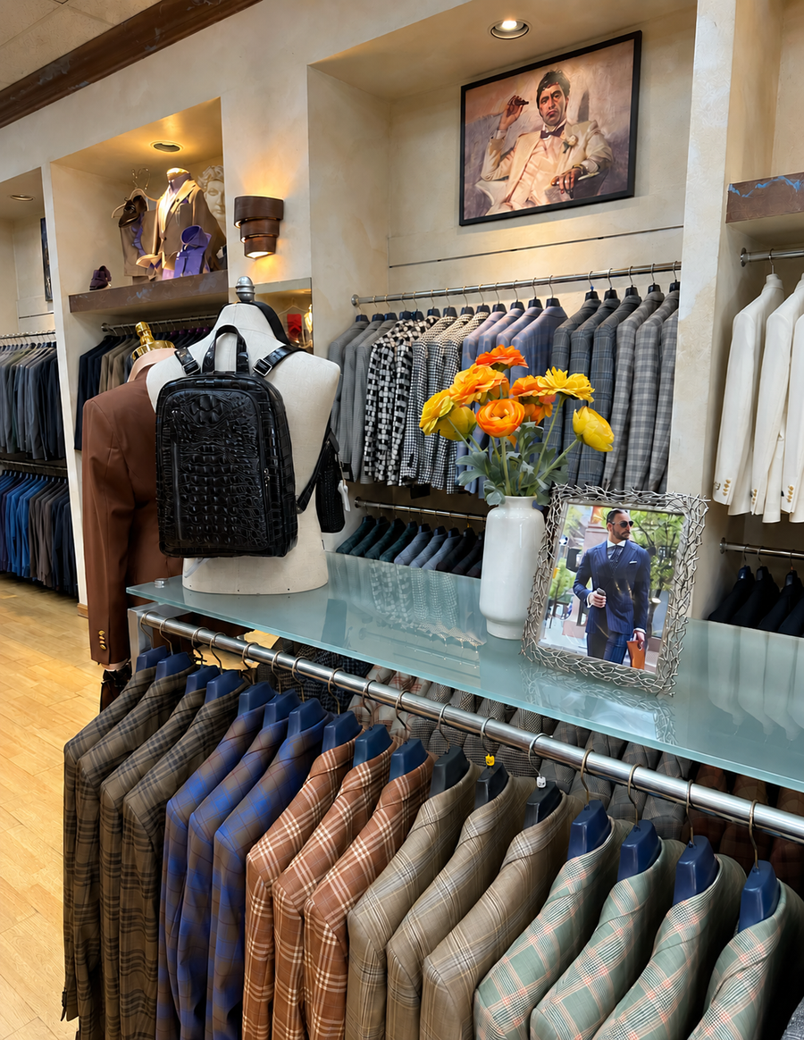 Clothing rails and display inside the M2 by Morvati boutique in Downtown Los Angeles